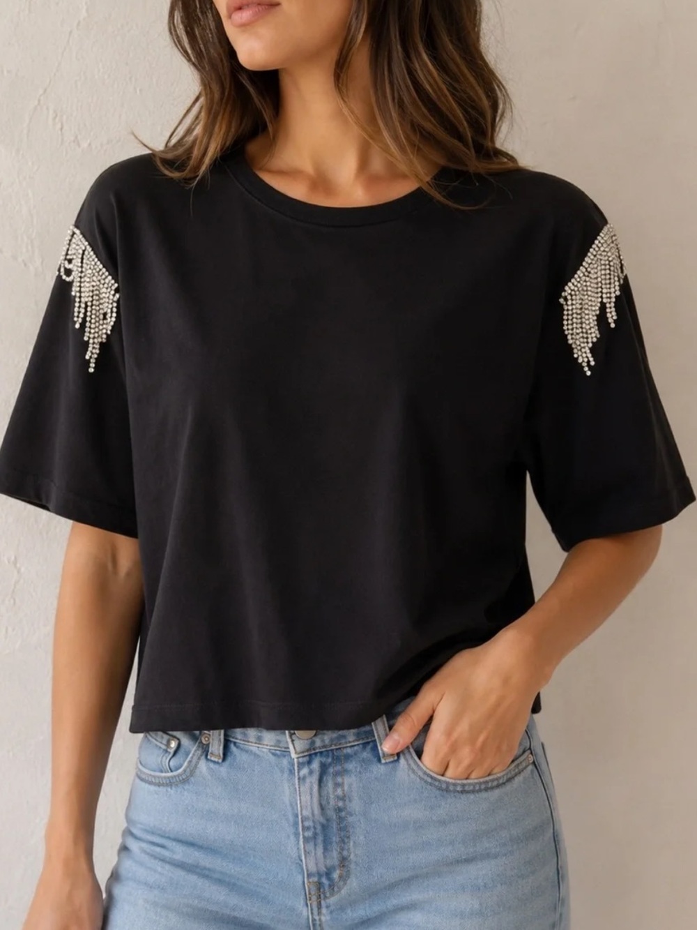 Veronica Beard Rumia Black Short Sleeve Tee with Rhinestone Fringe Size XL